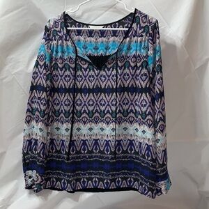 Charming Charlie Print Blue Teal and Gray Convertible Sleeve Blouse Size M